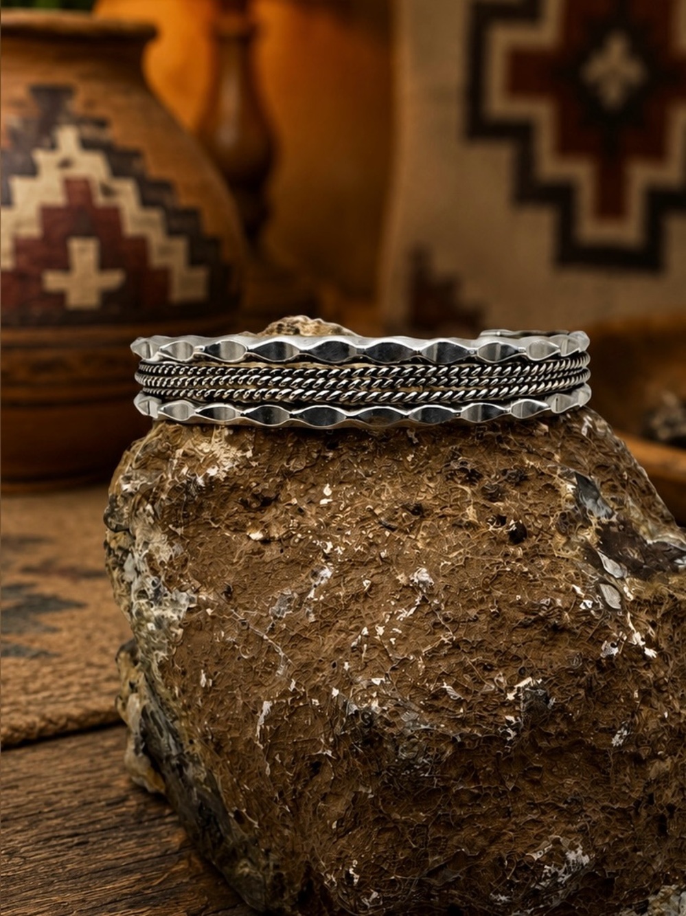 Vintage Navajo Native American Sterling Silver Rope Cuff Bracelet 6 5/8"